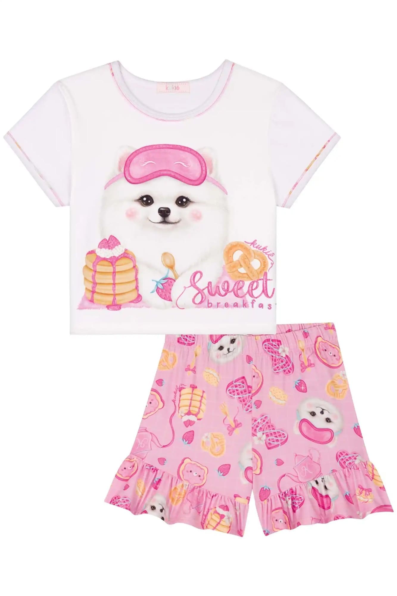 Pijama Infantil Kukiê Verão com Shorts Rosa e Blusa Branca Cachorrinha