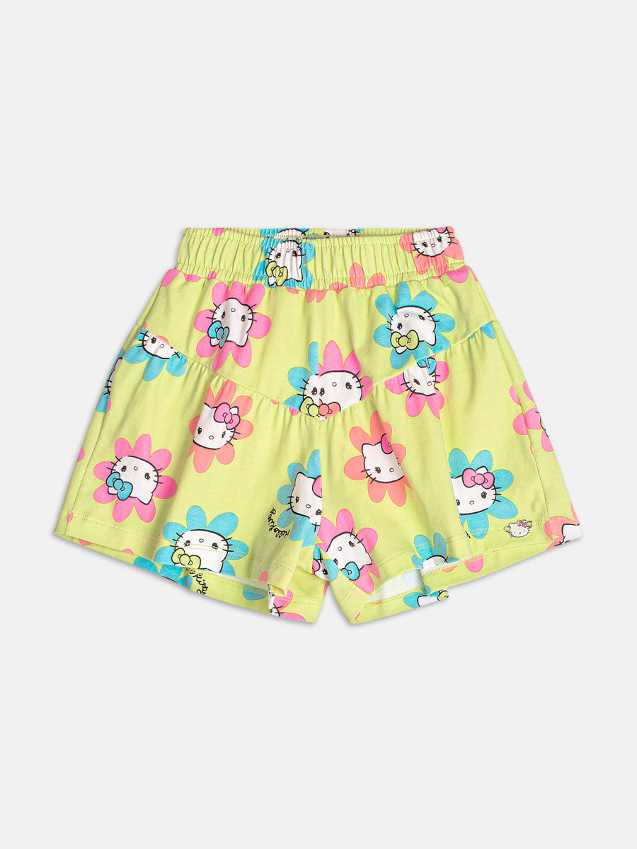 Conjunto Infantil Momi Verão com Shorts Verde e Blusa Branca Hello Kitty com Strass