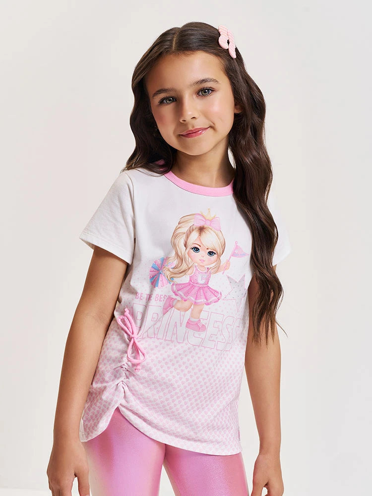 Conjunto Infantil Cinti Verão com Calça Legging Rosa Holografico e Blusa Lider de Torcida