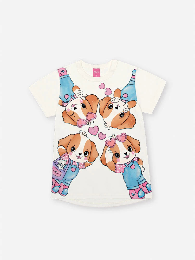 Conjunto Infantil Cinti Verão com Calça Legging Rosa e Blusa Cachorrinhos