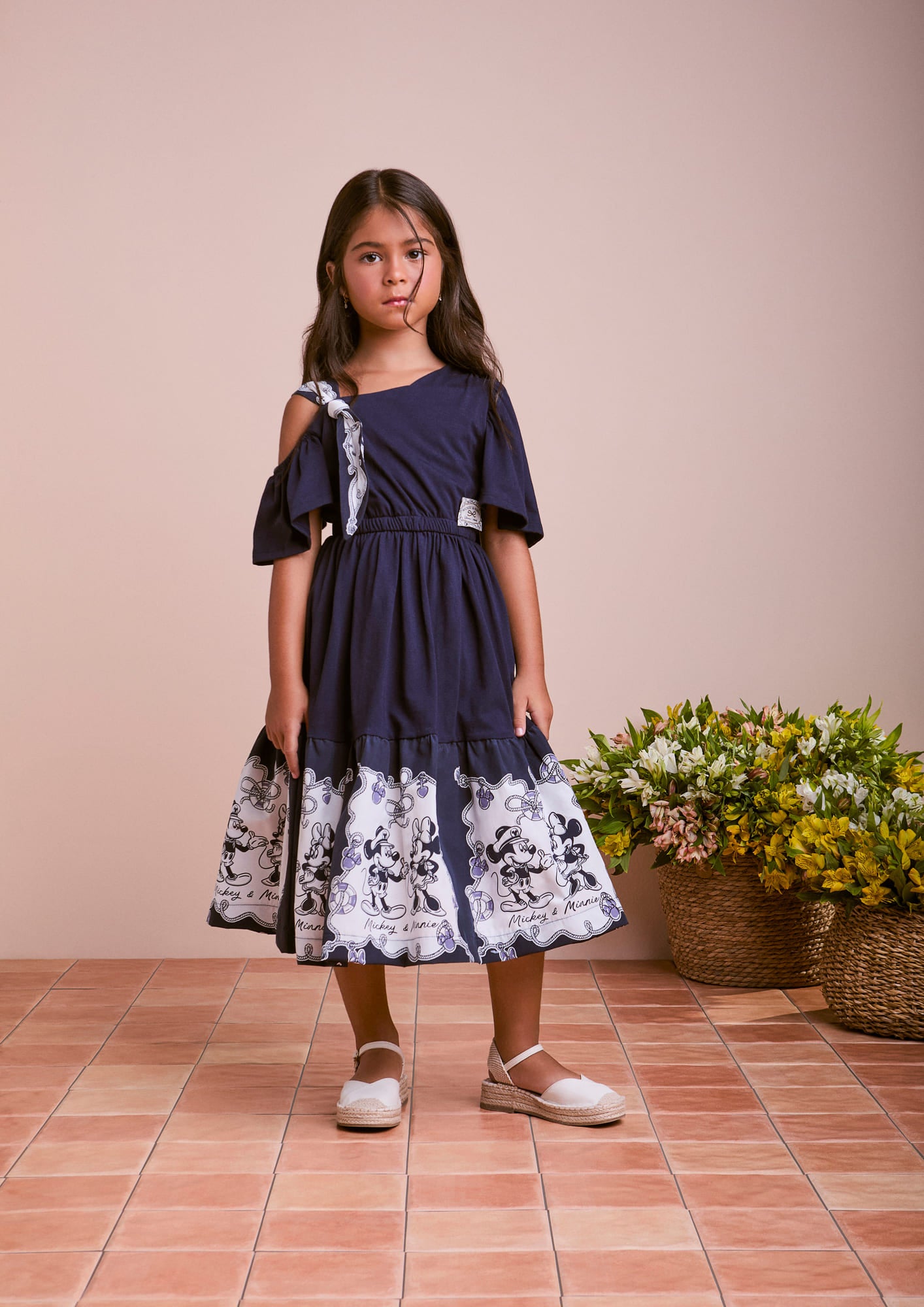 Vestido Infantil Animê Verão Azul Marinho Minnie e Mickey Disney