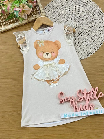 Vestido Infantil Kukiê Bege Ursinha com Detalhe em Tule