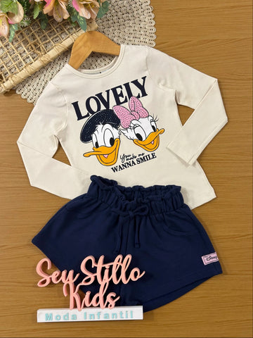 Conjunto Infantil Momi Inverno com Shorts e Blusa Manga Longa Bege Margarida e Donald Lovely