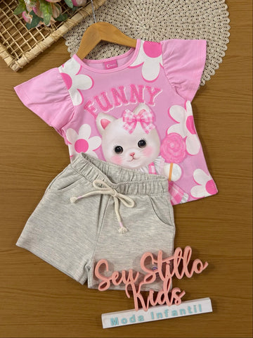 Conjunto Infantil Cinti Inverno  com Shorts Cinza e Blusa Manga Curta Gatinha Funny