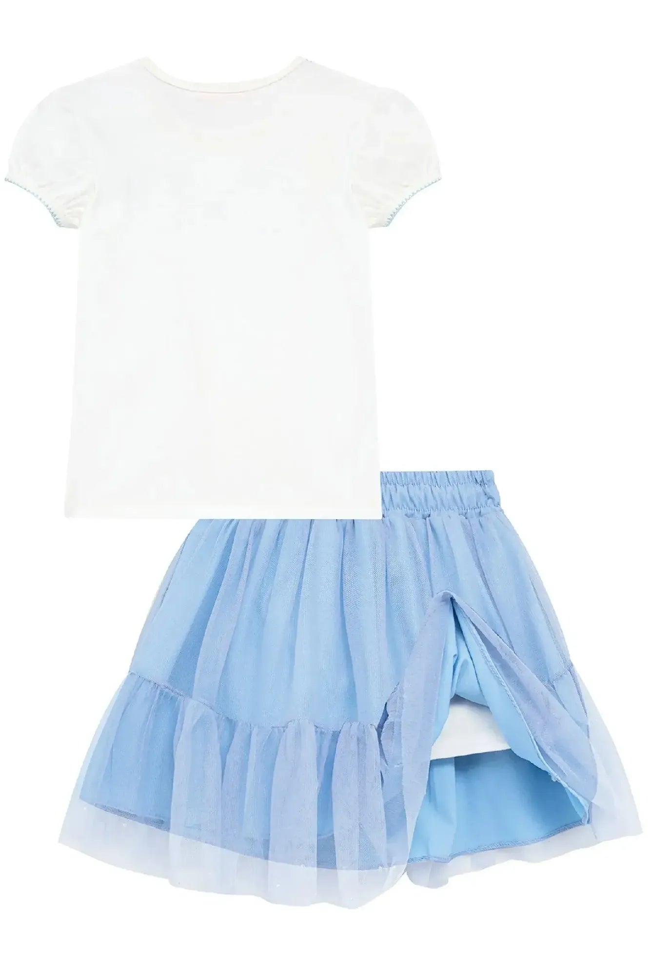 Conjunto Infantil Menina Kukiê com Saia em Tule e Blusa Branca Lacinho Azul