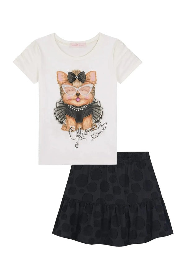 Conjunto Infantil Kukiê Verão com Saia Preta e Blusa Branca Cachorrinha