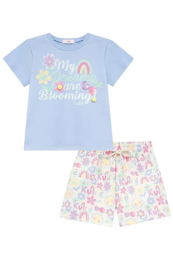 Conjunto Infantil Menina Kukiê com Shorts e Blusa Azul Flozinha Arco-íris