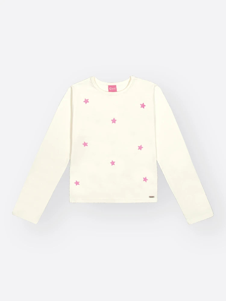 Blusa Infantil Cinti Inverno Manga Longa Branca Estrelinhas Rosa