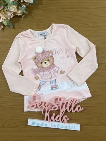 Blusa Infantil Kukie Inverno Manga Longa Rosa Ursinha na Neve