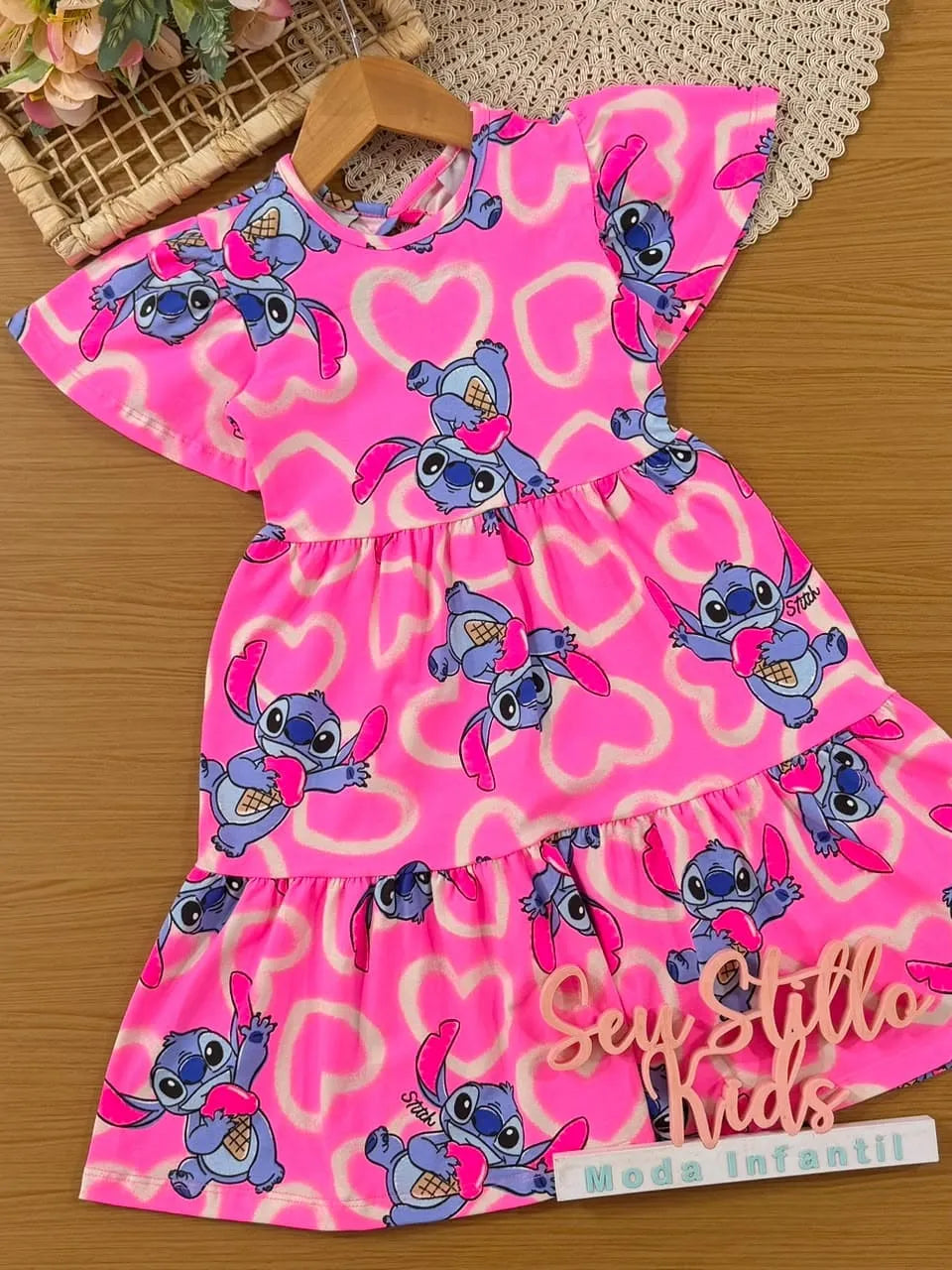 Vestido Infantil Momi Rosa Stitch Sorvetinho Disney