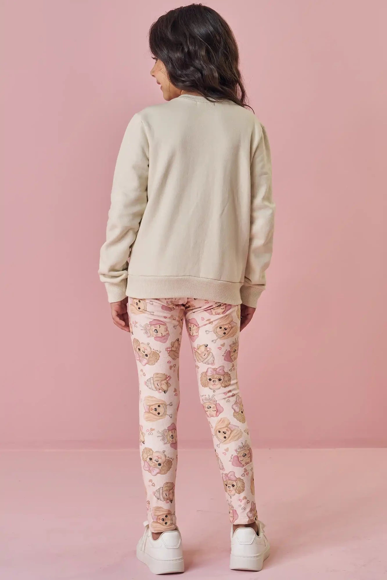Conjunto Infantil Kukiê Inverno com Calça Legging e Moletom Flanelado Bege Cachorrinha Fluffy