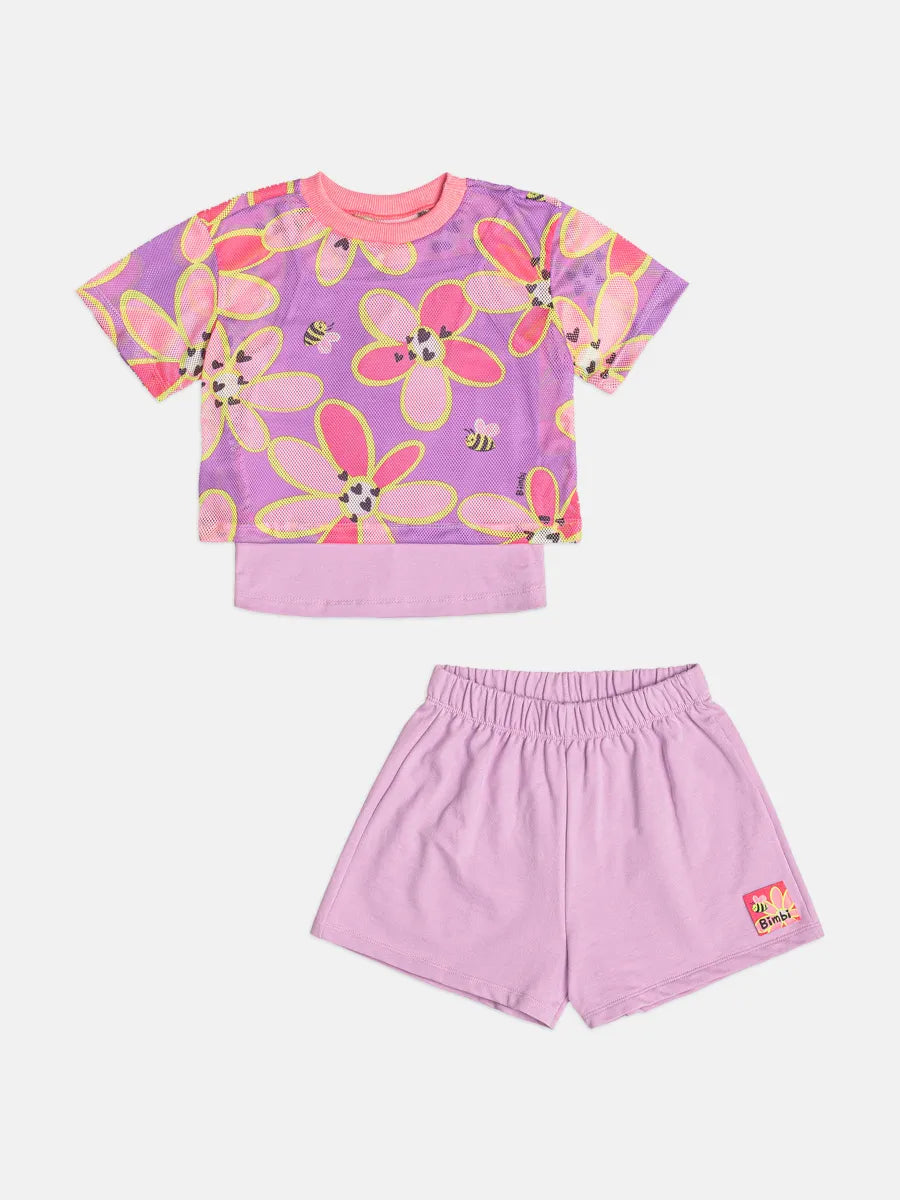 Conjunto Infantil Menina Bimbi com Shorts e Blusa Lilás com Sobreposição em Tela Florida