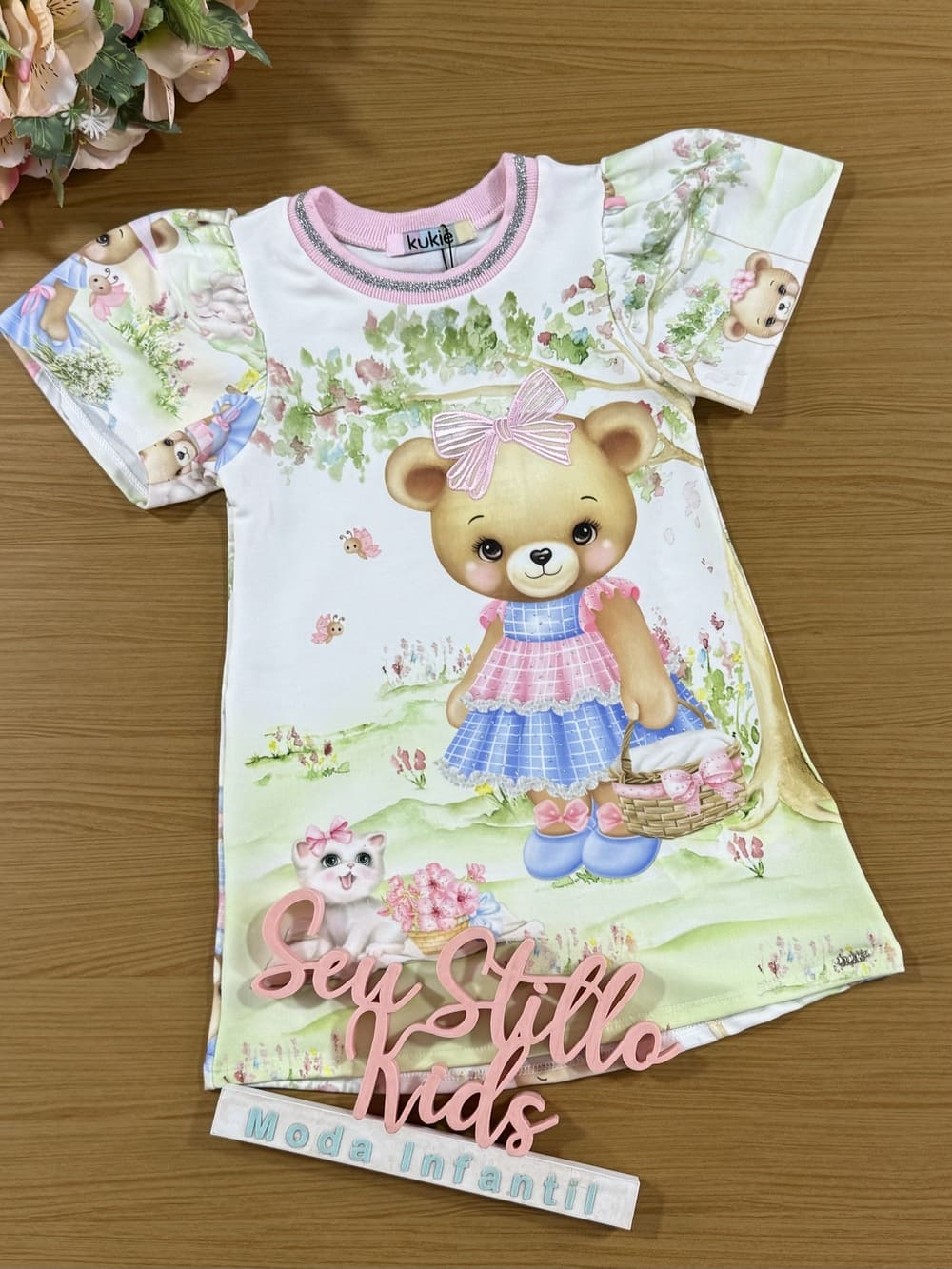 Vestido Infantil Kukie Verão Ursinha Piquenique