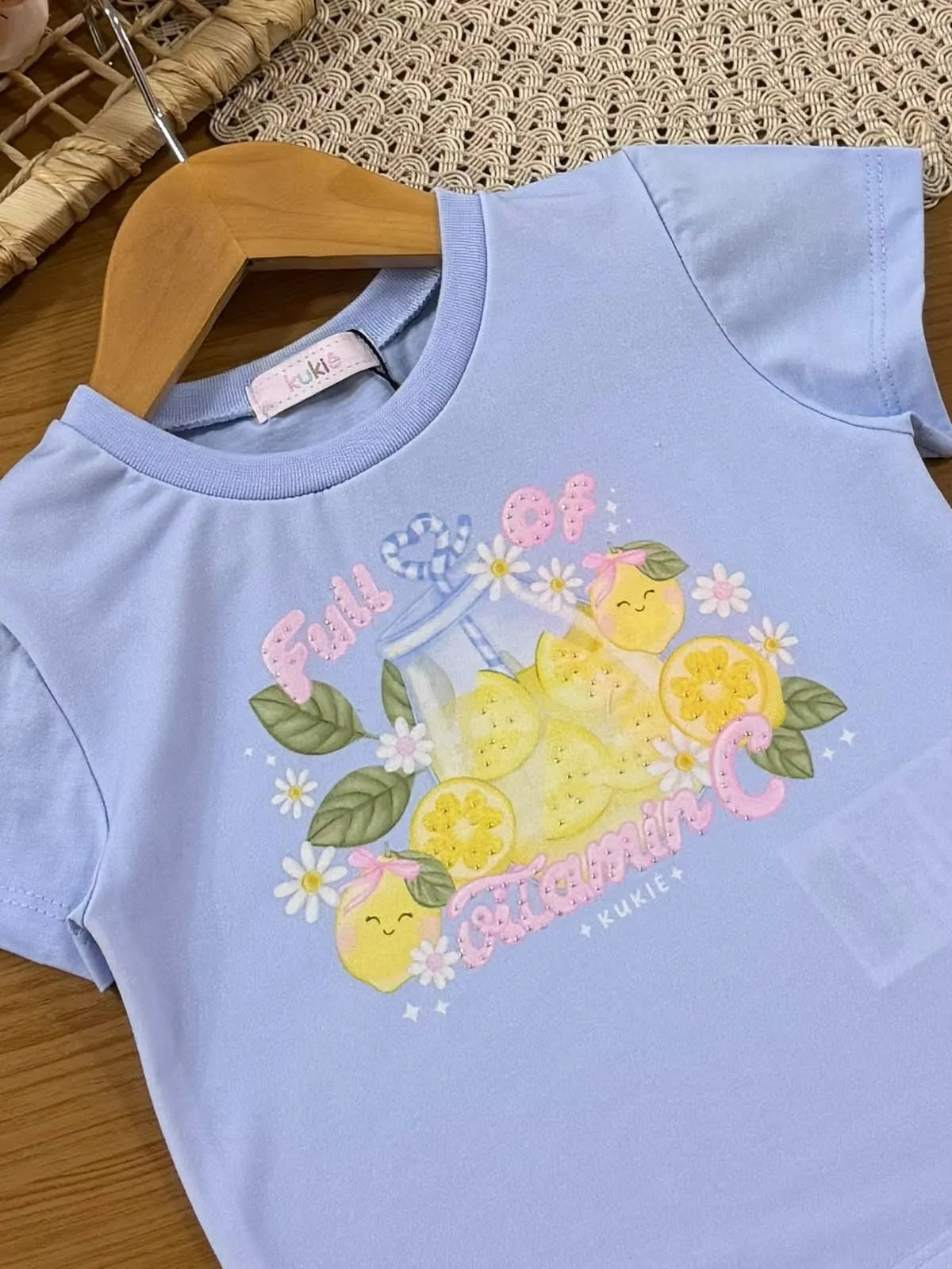 Blusa Infantil Menina Kukiê Azul Limãozinho Strass