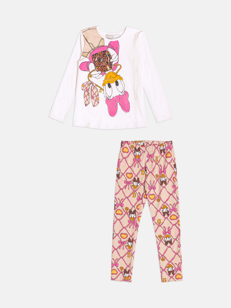 Conjunto Infantil Momi Inverno com Calça Bege e Blusa Branca Daisy Fotógrafa Disney