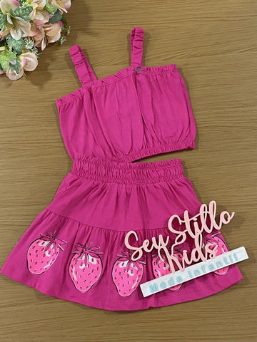 Conjunto Infantil Momi Verão Saia e Cropped Rosa Morango