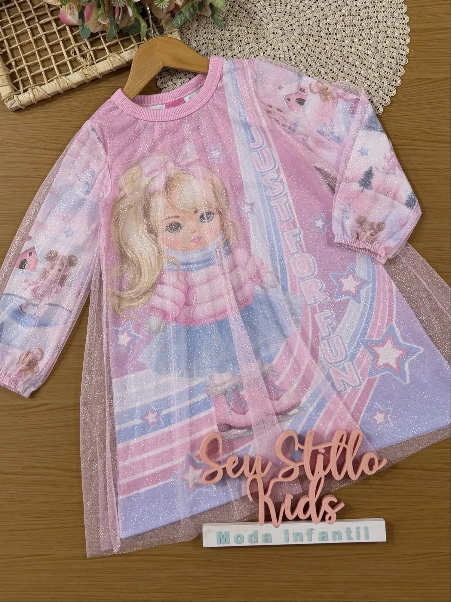 Vestido Infantil Cinti Inverno Manga Longa Tule Shine