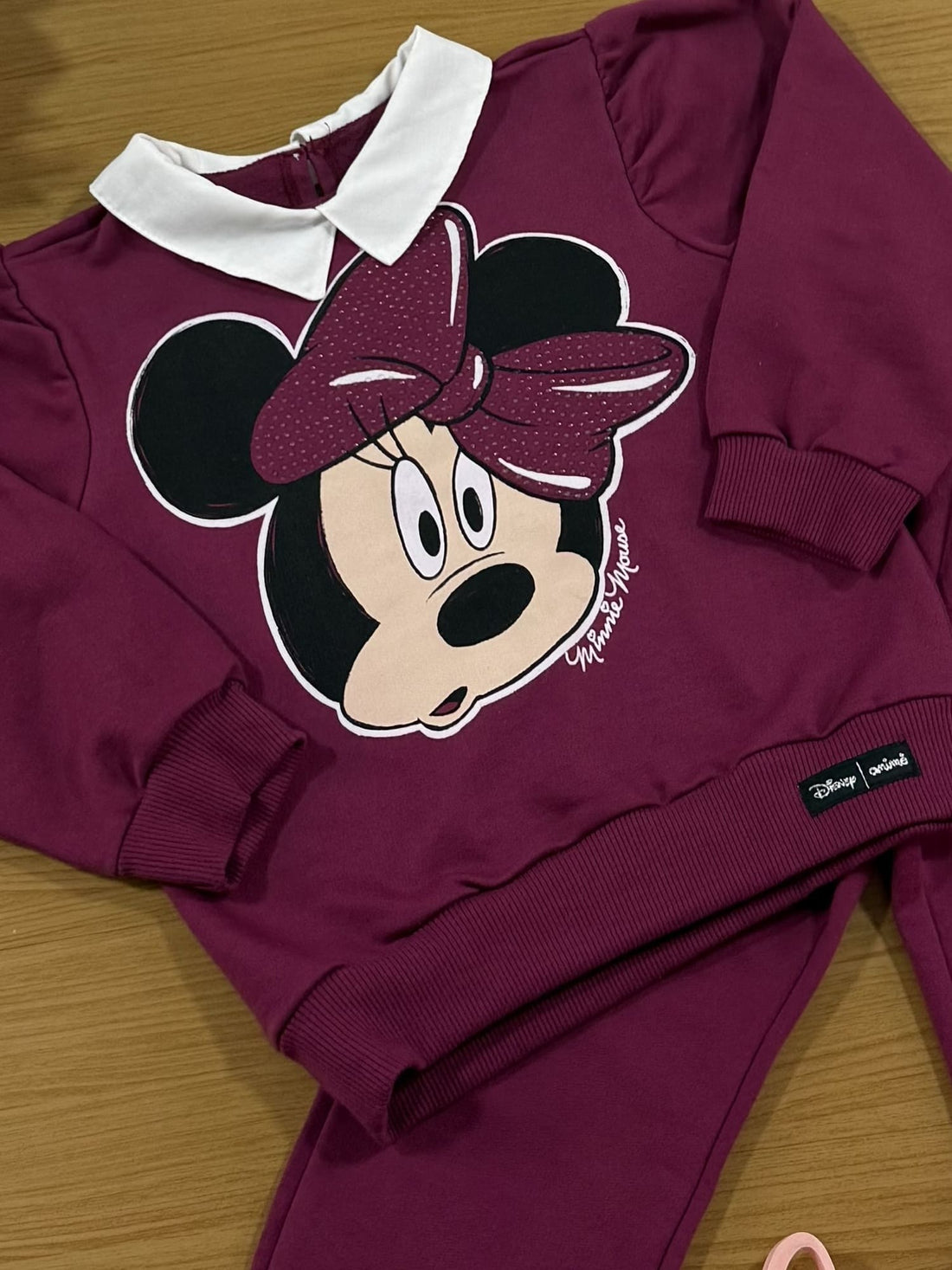Conjunto Infantil Animê Inverno com Calça e Casaco Vinho Minnie com Strass