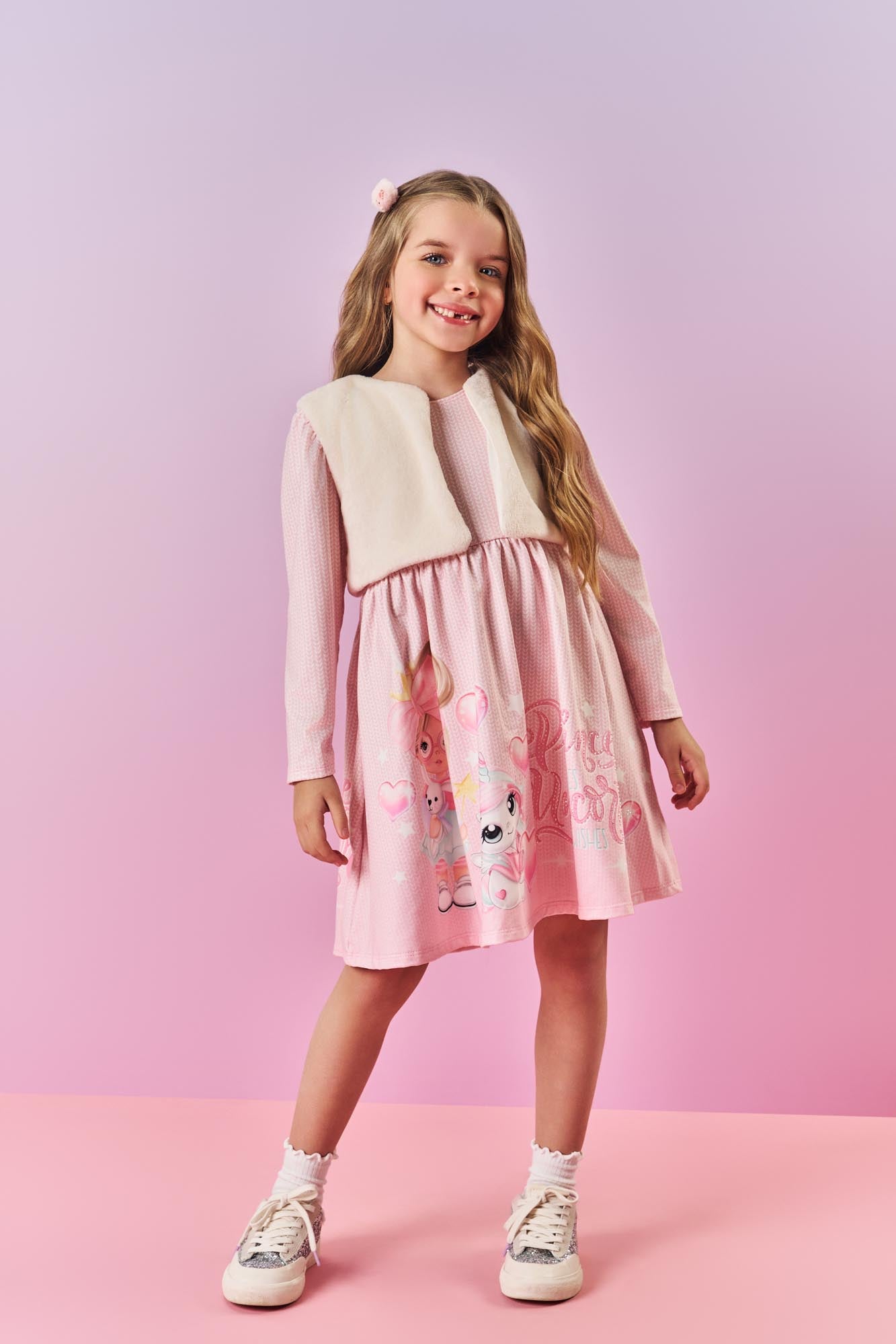 Vestido Infantil Cinti Inverno Rosa com Colete Unicórnio