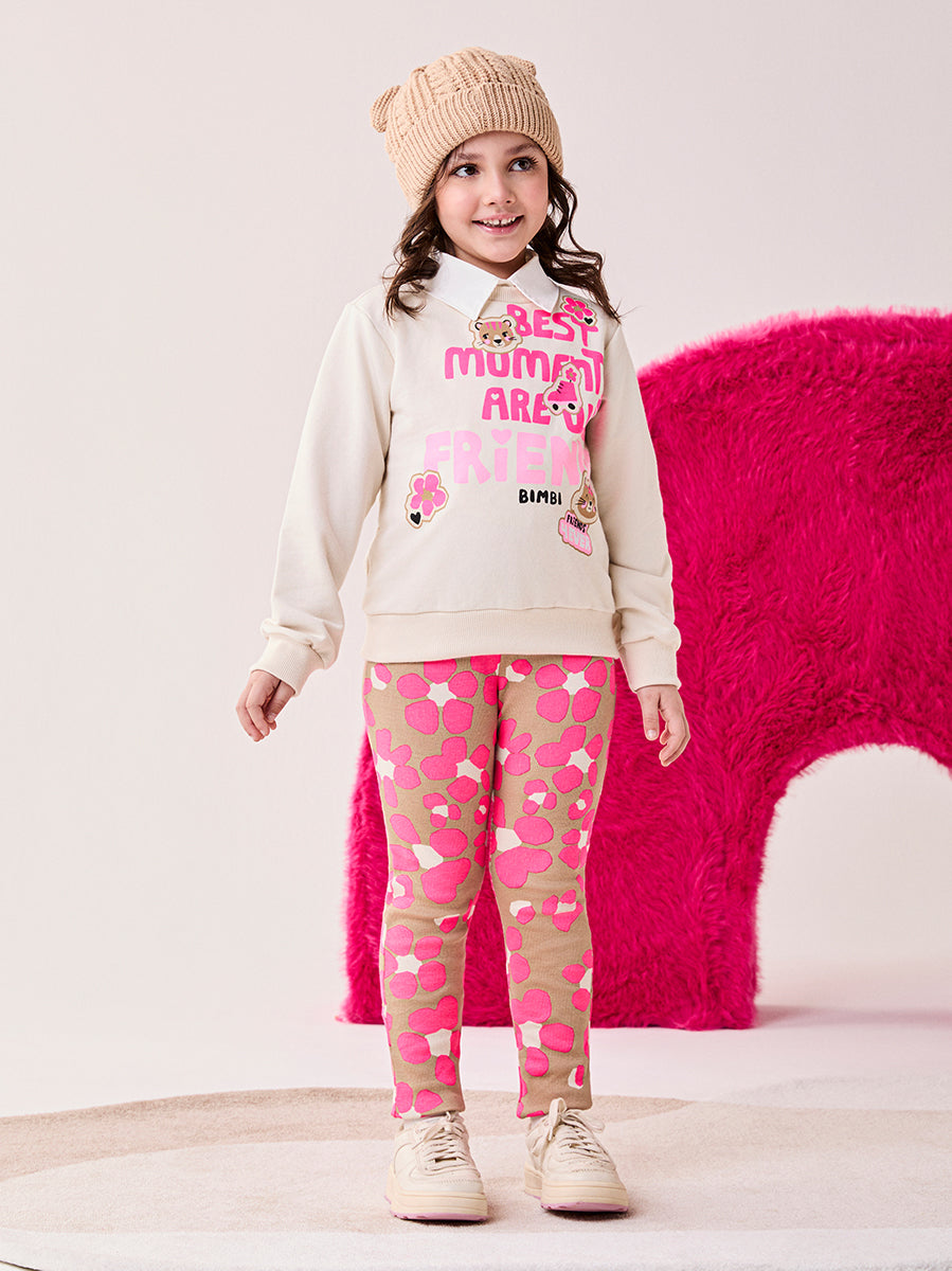 Conjunto Infantil Bimbi Inverno com Calça e Moletom sem Flanela Bege Friends