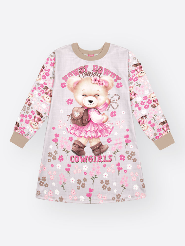 Vestido Infantil Cinti Inverno Flanelado Bege com Bolsinha Ursinha Cow Girls