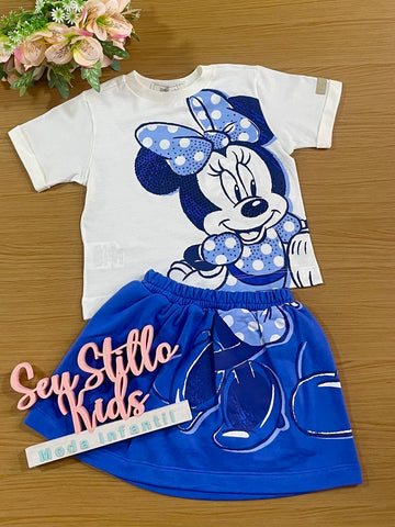 Conjunto Infantil Animê Verão Saia Azul e Blusa Minnie Disney