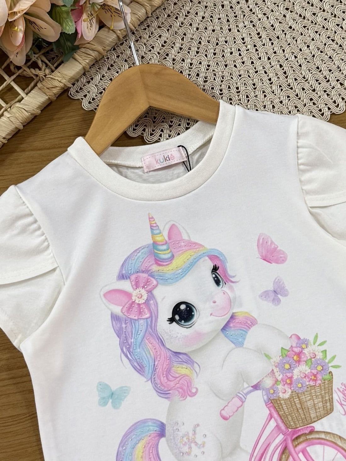 Blusa Infantil Kukiê Verão Branca Unicórnio com Strass