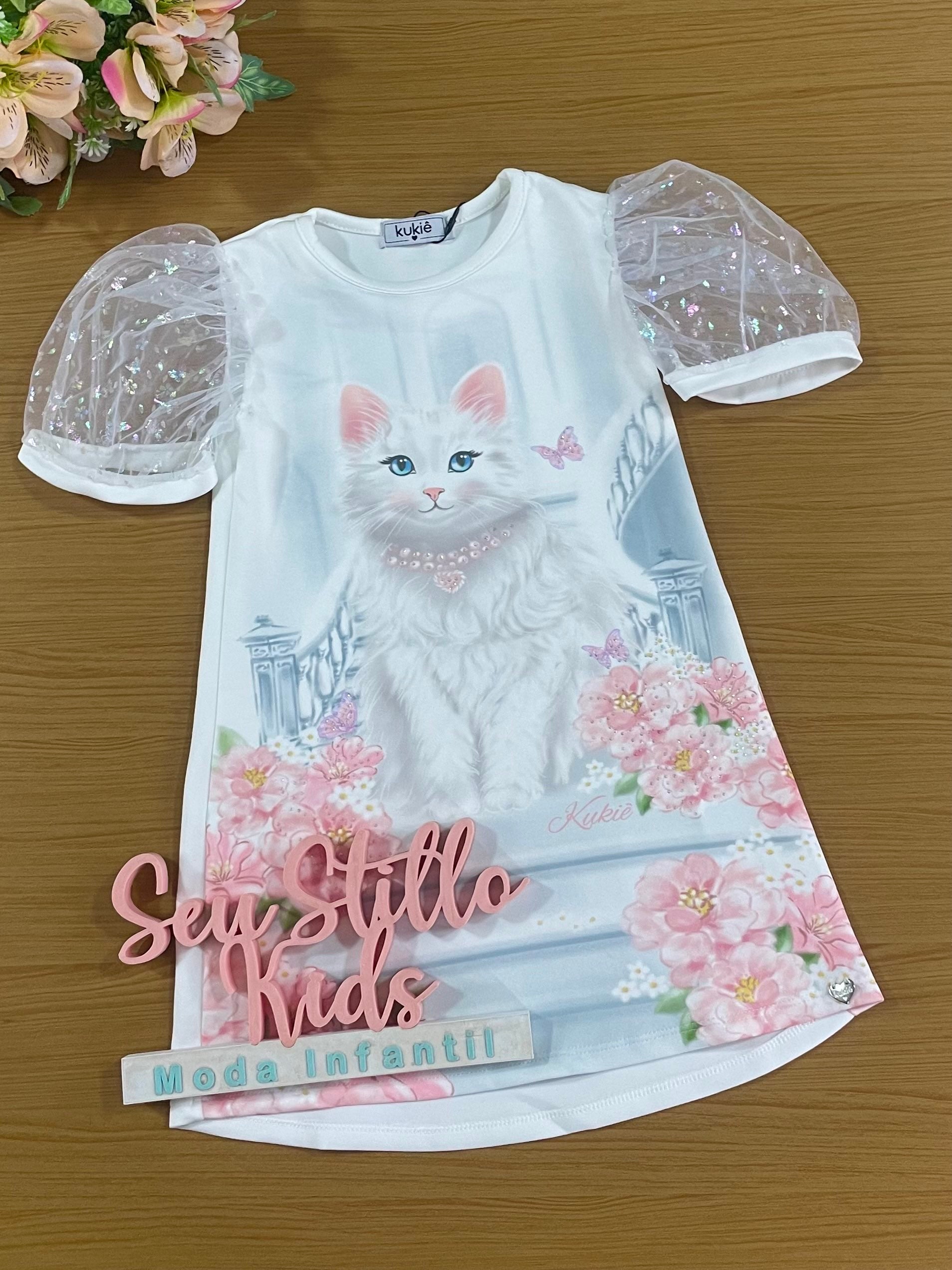 Vestido Infantil Kukie Verão Branco Gatinha