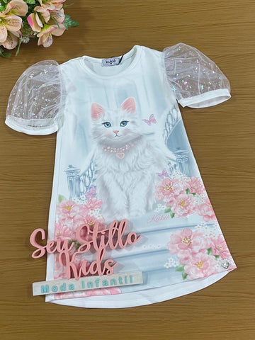 Vestido Infantil Kukie Verão Branco Gatinha