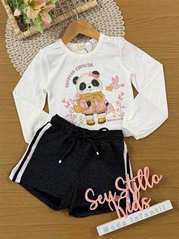 Conjunto Infantil Kukiê Inverno com Shorts Preto e Blusa Manga Longa Pandinha