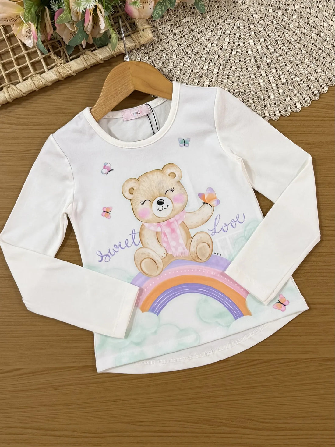 Conjunto Infantil Kukiê com Shorts Saia e Blusa Manga Longa Branca Sweet
