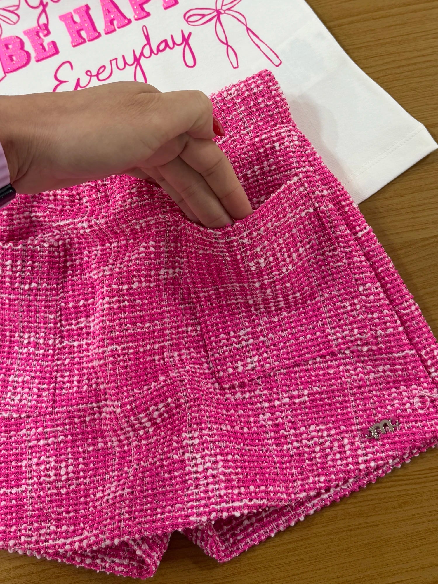 Conjunto Infantil Momi Inverno com Shorts Saia Rosa e Blusa Manga Curta Choose be Happy