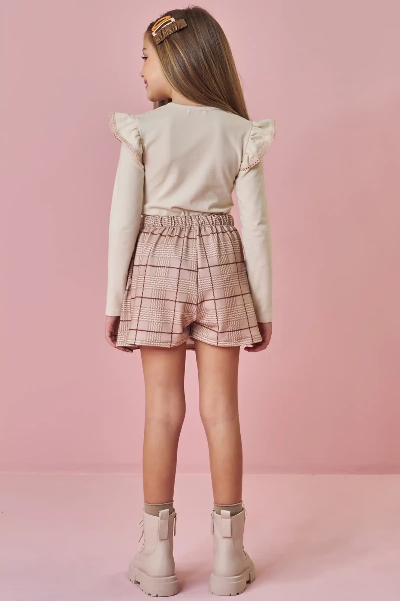 Conjunto Infantil Kukiê Invenro com Shorts Saia e Blusa Manga Longa Bege Love