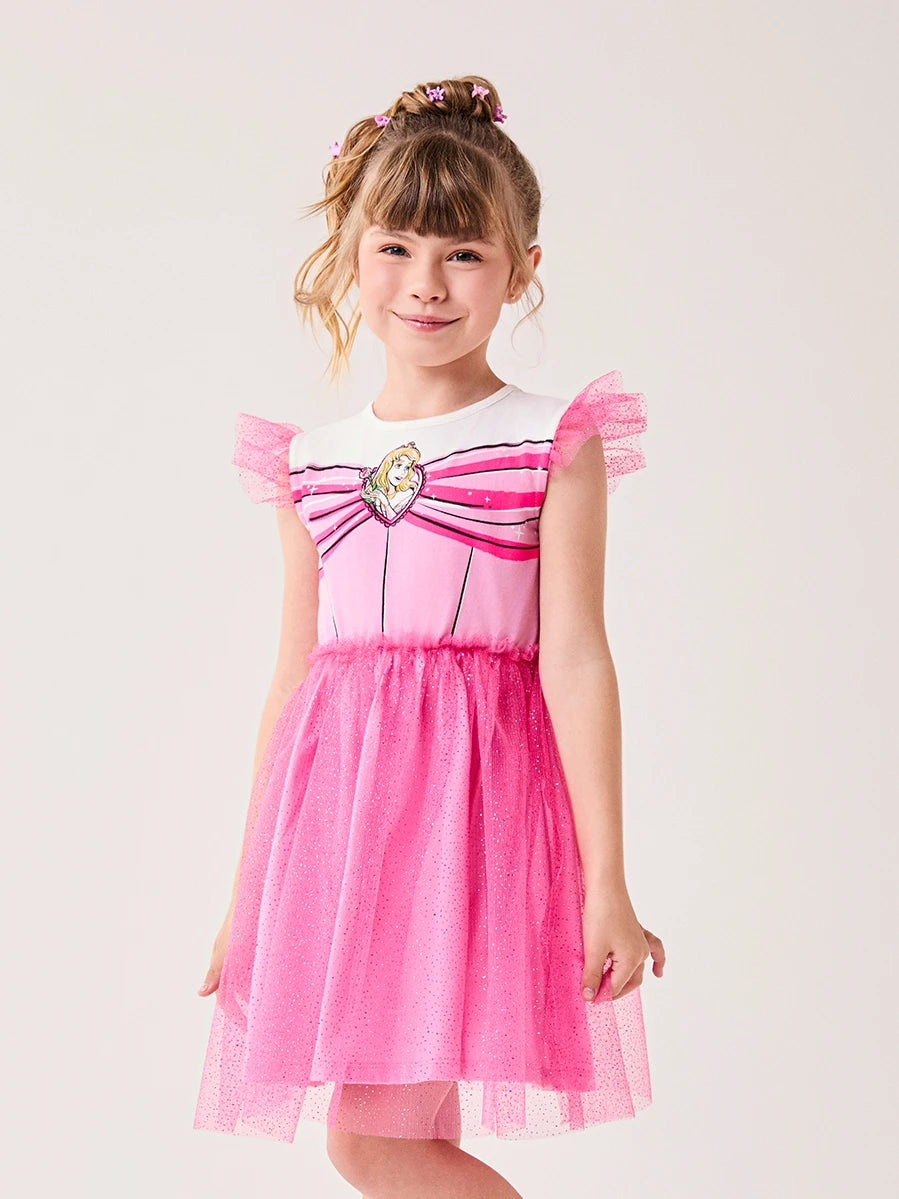 Vestido Infantil Bimbi Inverno com Tule e Brilho Rosa Aurora Disney