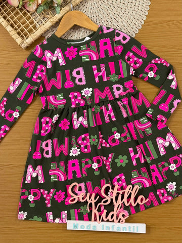 Vestido Infantil Bimbi Inverno Verde Lettering Florzinha