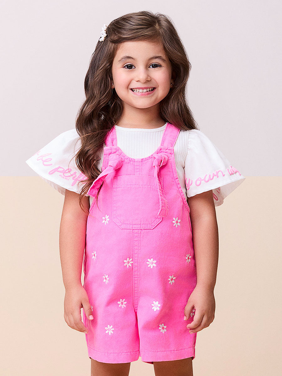 Jardineira Infantil Momi Verão Rosa Floral com Blusa Branca