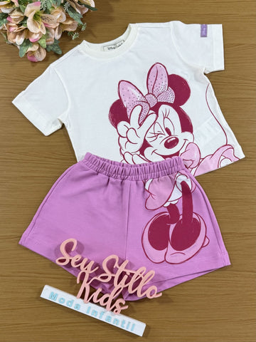 Conjunto infantil Animê Shorts Rosa e Blusa Manga Curta Minnie Disney
