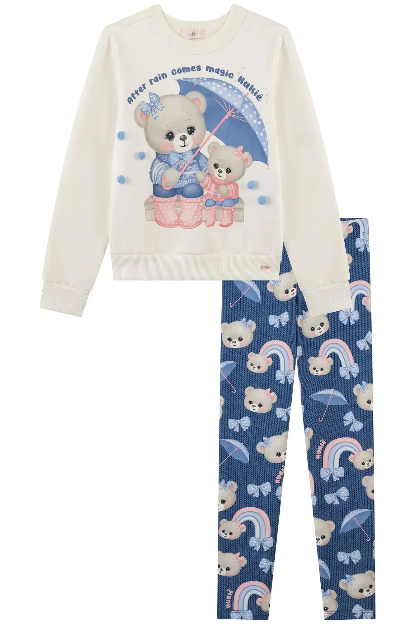 Conjunto Infantil Kukiê Inverno com Calça Legging Azul e Moletom Flanelado Ursinhas Pom Pom