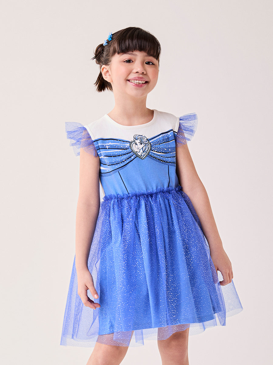 Vestido Infantil Bimbi Inverno Azul com Tule e Glitter Elsa Disney