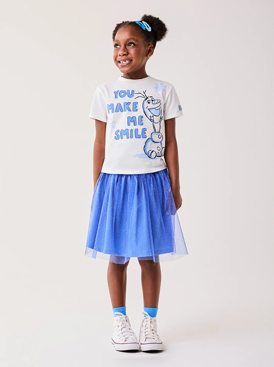 Conjunto Infantil Bimbi Inverno com Saia em Tule Azul e Blusa Manga Curta Olaf Disney