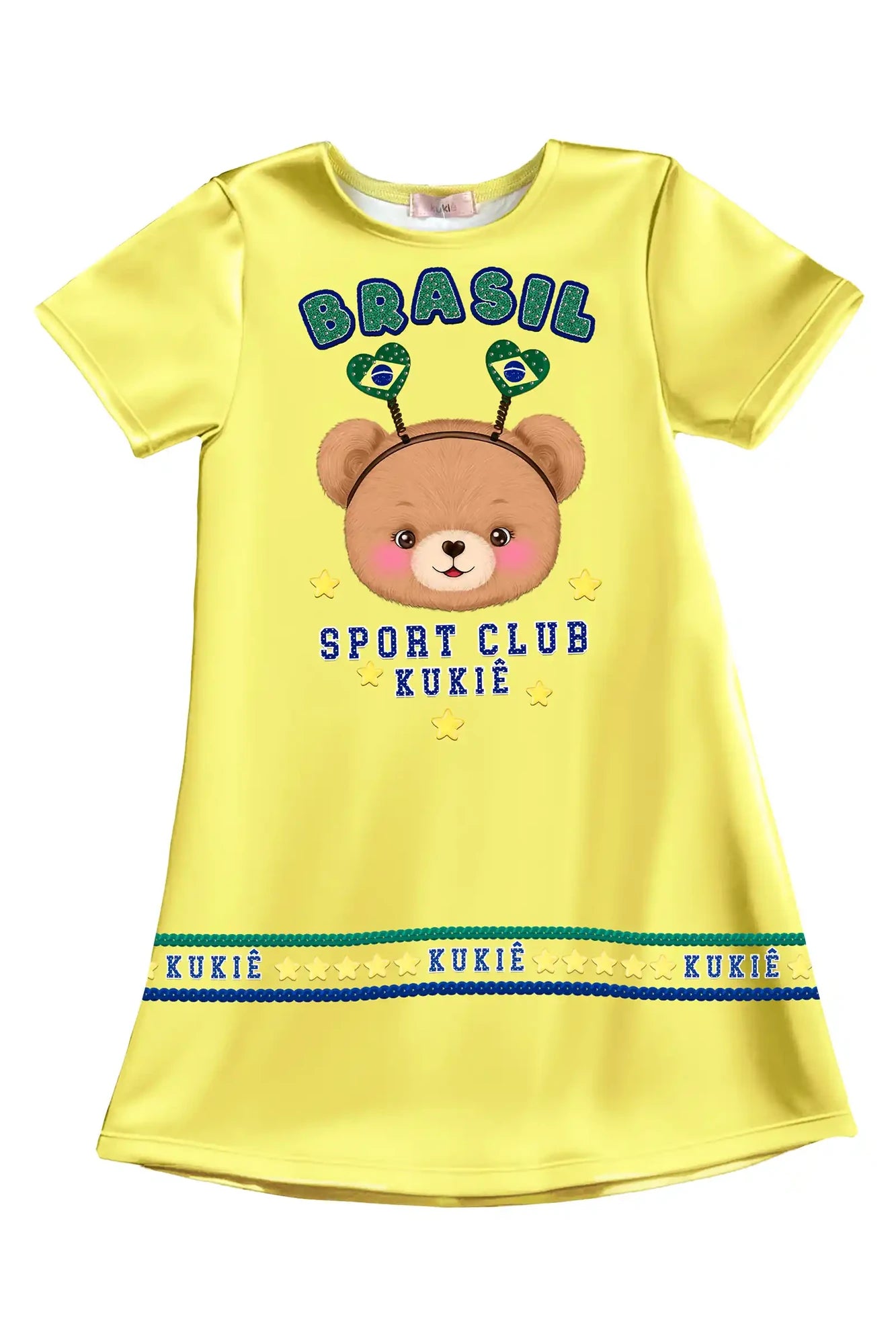 Vestido Infantil Kukiê Amarelo Ursinha Brasil Copa do Mundo