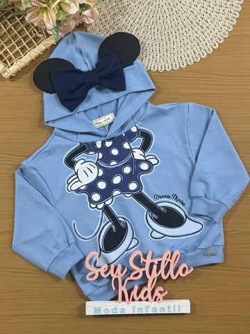 Moletom Infantil Animê Inverno sem Flanela Azul Minnie com Lacinho Disney