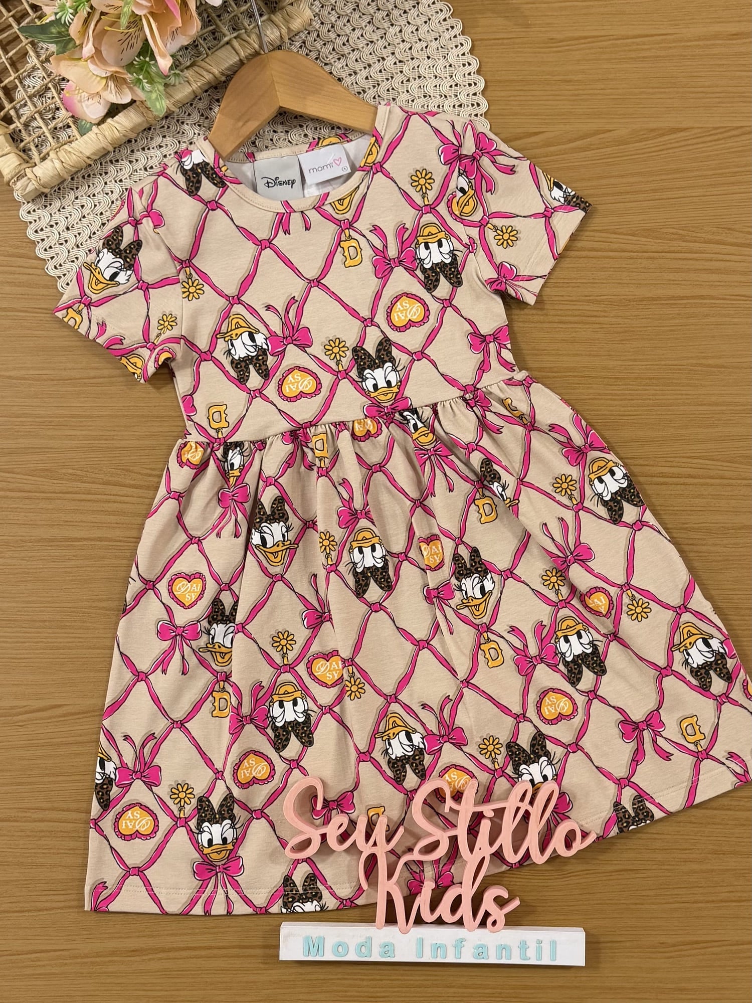 Vestido Infantil Momi Inverno Bege Lacinhos Daisy Disney