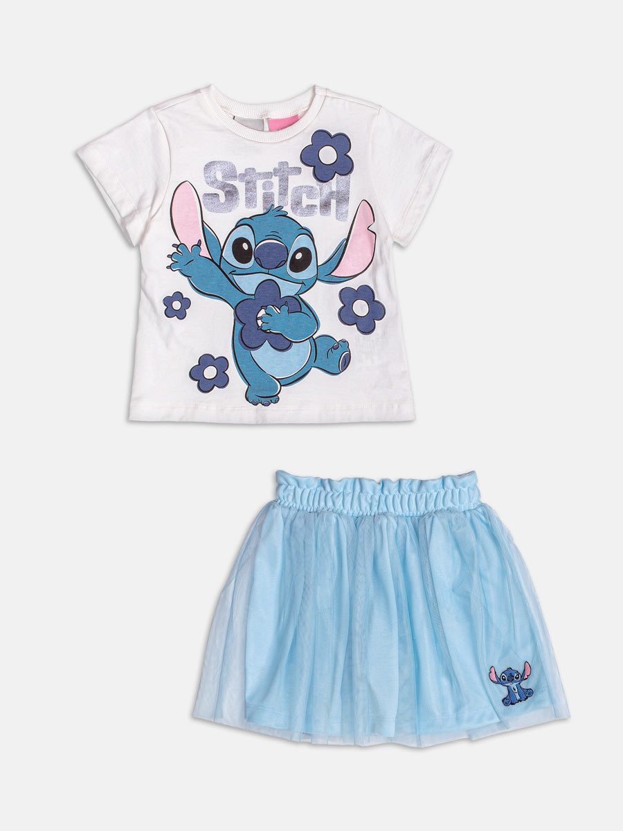 Conjunto Infantil Momi Verão com Saia em Tule Azul e Blusa Branca Stitch Disney