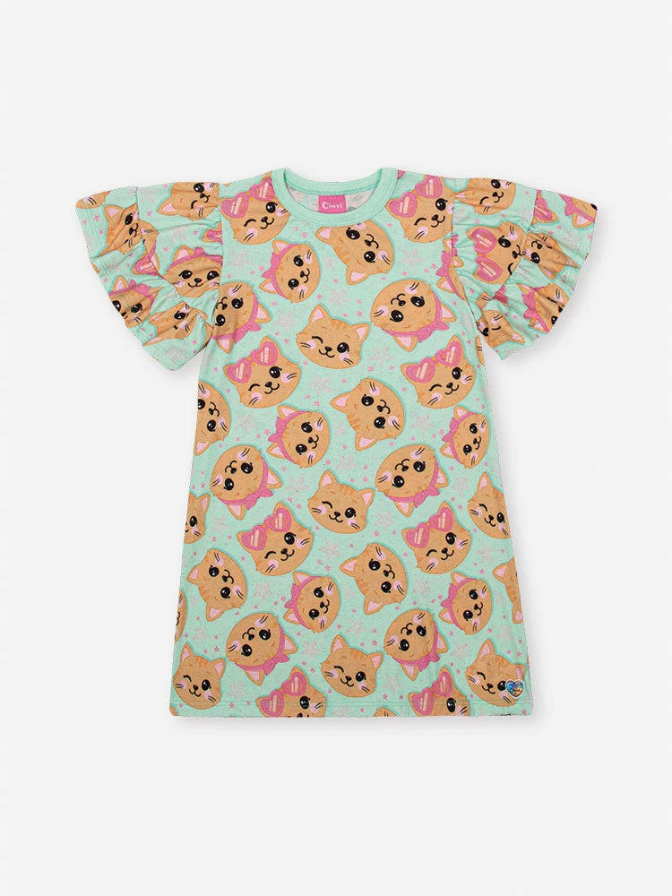 Vestido Infantil Cinti Verão Verde Gatinha