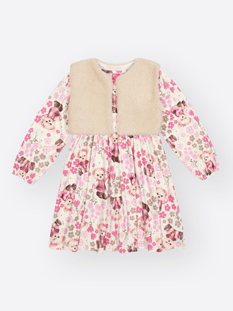 Vestido Infantil Cinti Inverno Off White com Colete Ursinha Floral