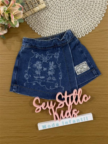 Shorts Saia Infantil Animê Verão Jeans Minnie e Mickey Marinheiros Disney