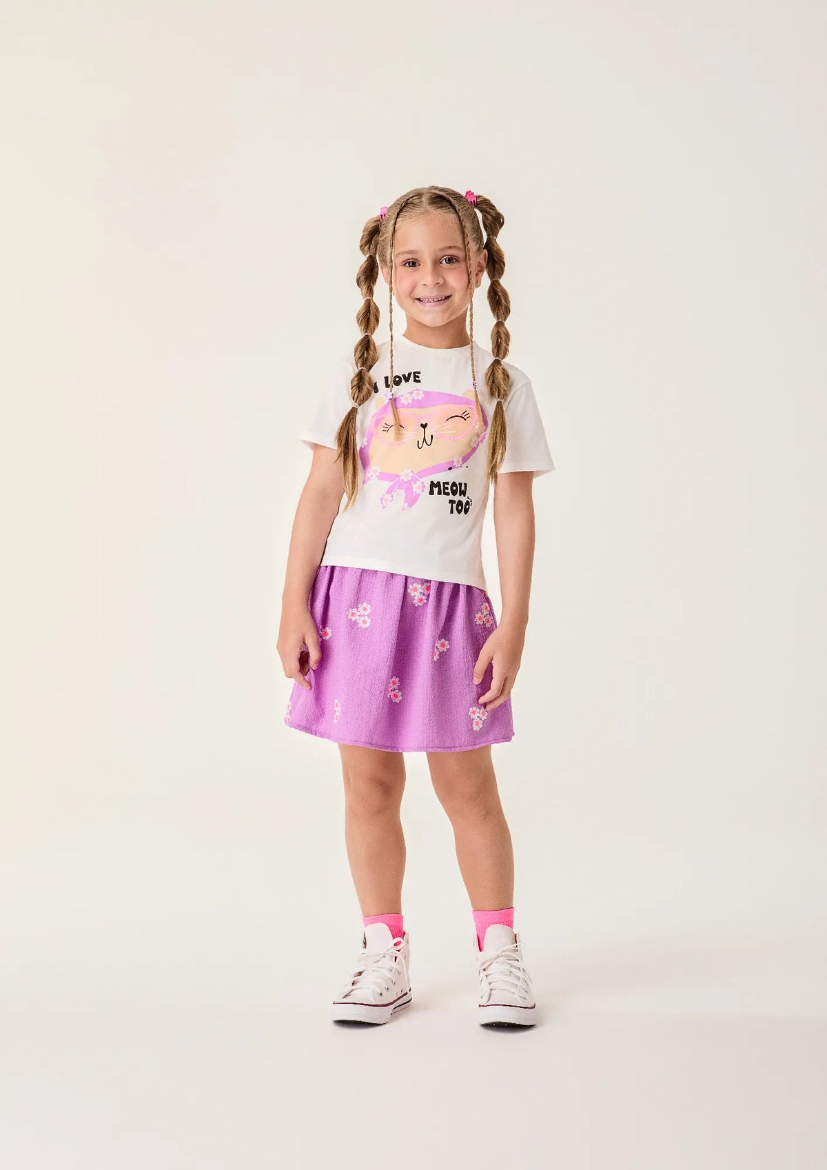 Conjunto Infantil Menina Bimbi Saia Roxa Florzinhas e Blusa Gatinha Strass