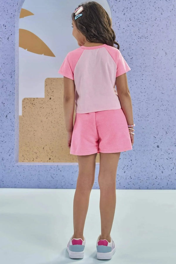 Conjunto Infantil Kukiê Verão com Shorts Saia e Blusa Rosa Unicórnio