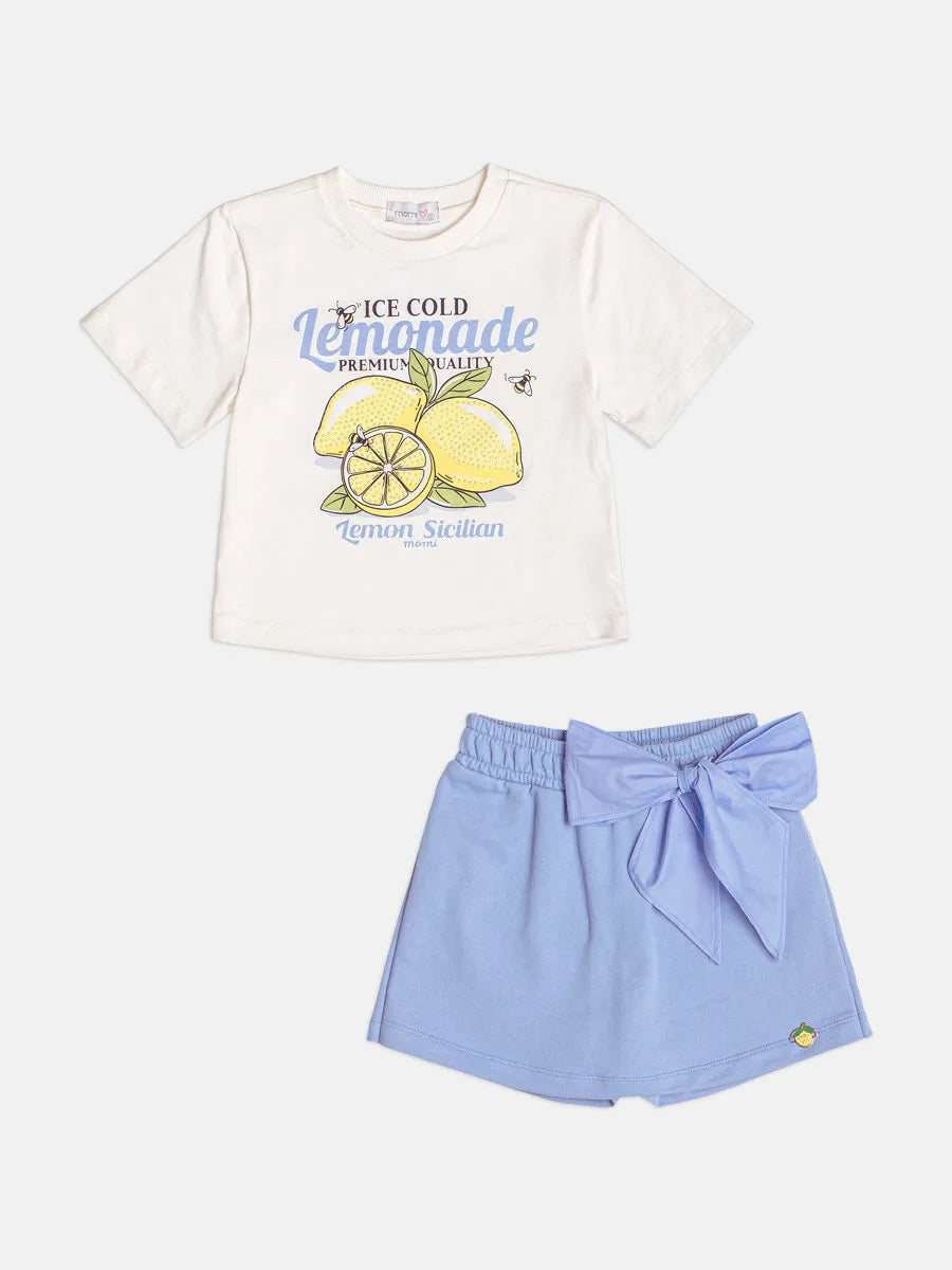 Conjunto Infantil Menina Momi Shorts Saia Azul e Blusa Limãozinho Strass